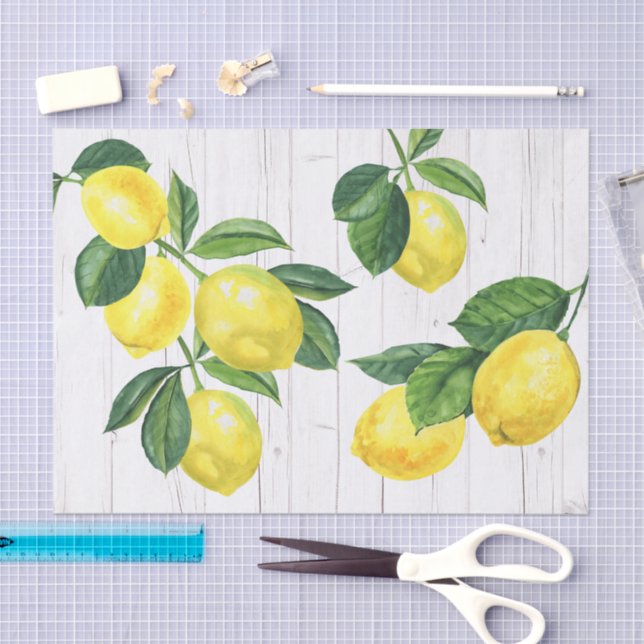 Papier Mousseline Aquarelle de citrons frais, bois blanc rustique (Artisanat)