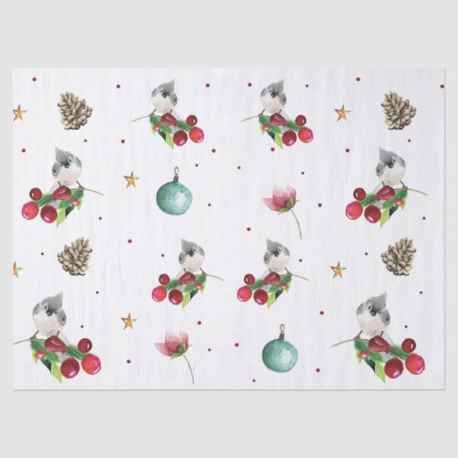 Papier Mousseline Aquarelle de Noël Motif d'oiseaux d'hiver (Recto)