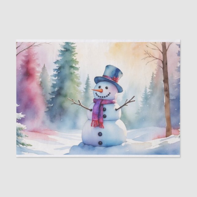 Papier Mousseline Aquarelle de Noël Snowman et forêt d'hiver (Recto)