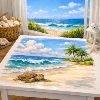 Papier Mousseline Aquarelle de plage avec tortue de mer 