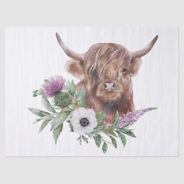 Papier Mousseline Aquarelle de vache à hautes terres florales (Recto)