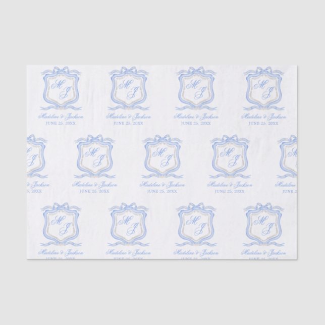 Papier Mousseline Aquarelle Designer Blue Monogram Crest (Recto)