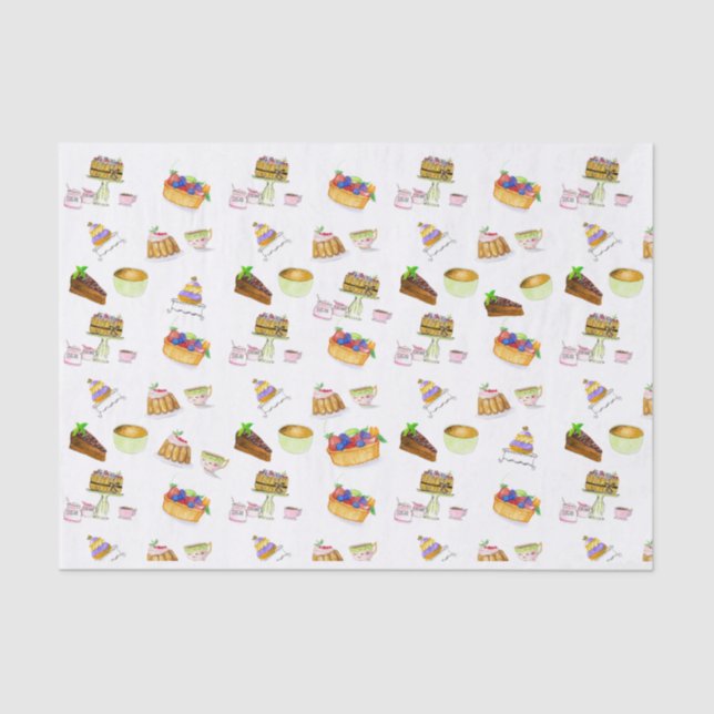 Papier Mousseline Aquarelle Desserts Français Avec Cafés (Recto)