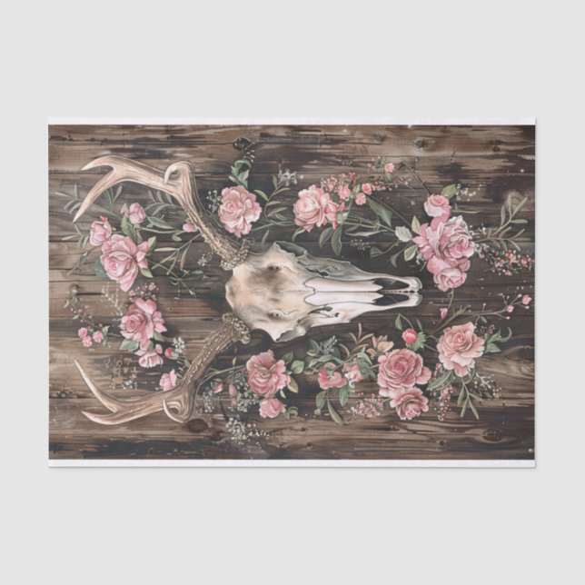 Papier Mousseline Aquarelle du crâne de cerf Fleurs roses Découpage (Recto)