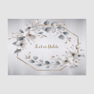 Papier Mousseline Aquarelle Fleurs blanches Cadre doré Argent Turquo