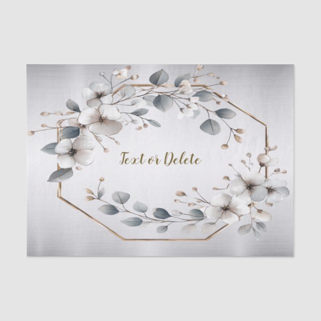 Papier Mousseline Aquarelle Fleurs blanches Cadre doré Argent Turquo (Recto)