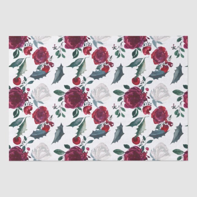 Papier Mousseline Aquarelle Fleurs d'hiver rouge et blanc Noël (Recto)