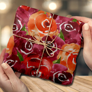 Papier Mousseline Aquarelle Fleurs Rouge Orange Claret