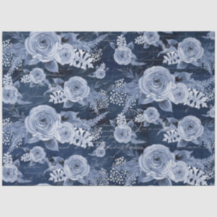 Papier Mousseline Aquarelle Floral Delft Blue Ephemera Decoupage