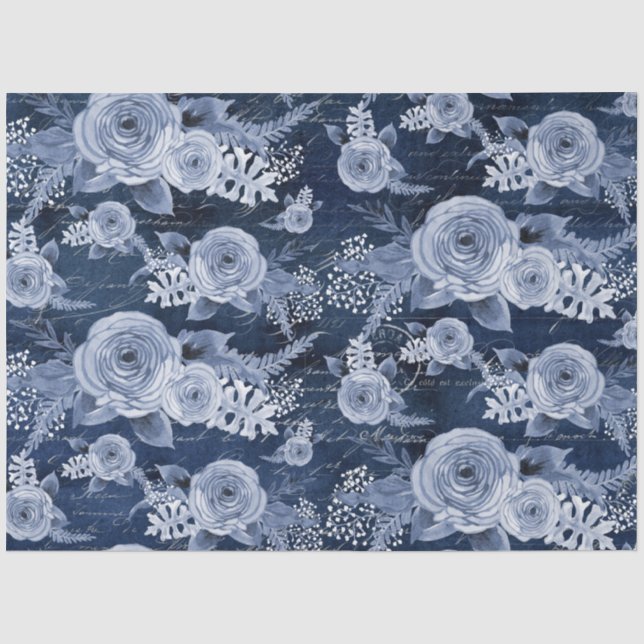 Papier Mousseline Aquarelle Floral Delft Blue Ephemera Decoupage (Recto)