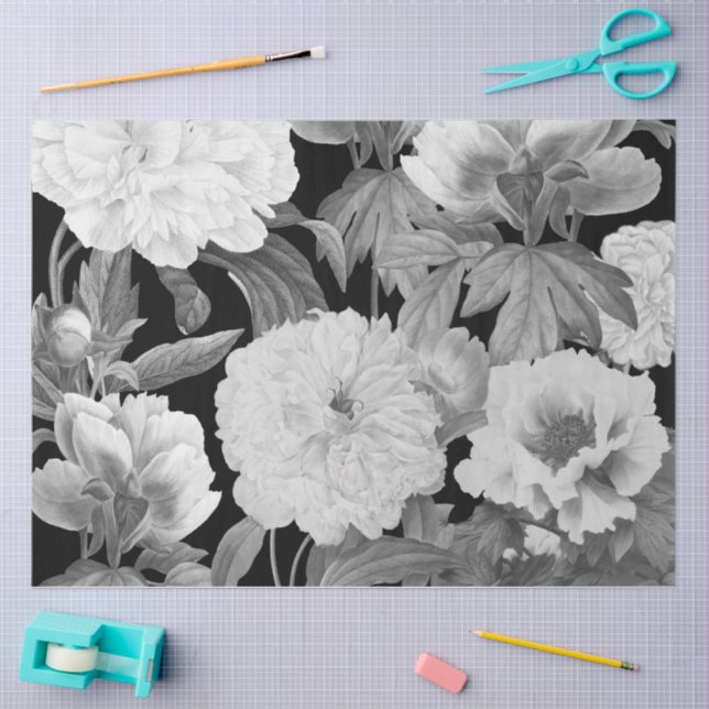 Papier Mousseline Aquarelle florale Black & White Peonies (Artisanat)