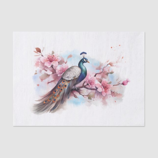 Papier Mousseline Aquarelle florale Oiseau de paon (Recto)
