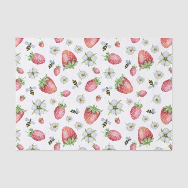 Papier Mousseline Aquarelle Fruit fraise, abeilles et fleurs (Recto)