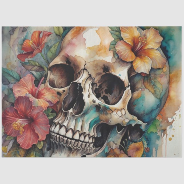 Papier Mousseline Aquarelle Hibiscus Tropical Goth Skull Decoupage (Recto)