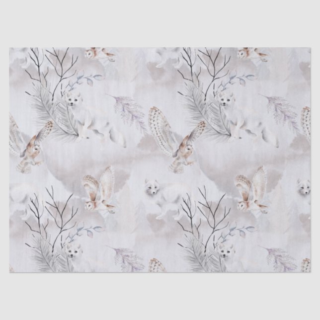 Papier Mousseline Aquarelle hiver Chouette blanche Motif renard de n (Recto)