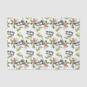 Papier Mousseline Aquarelle Holly verdure Motif Joyeux Noël