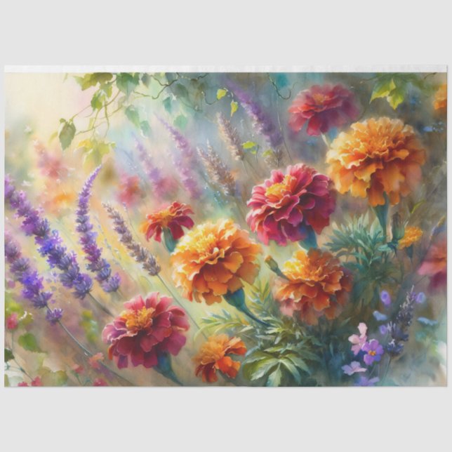 Papier Mousseline Aquarelle Marigolds Lavender Garden Decoupage (Recto)