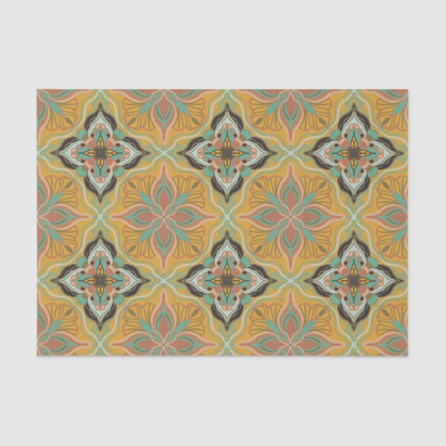 Papier Mousseline Aquarelle Marocaine Jaune Carrelage Floral (Recto)