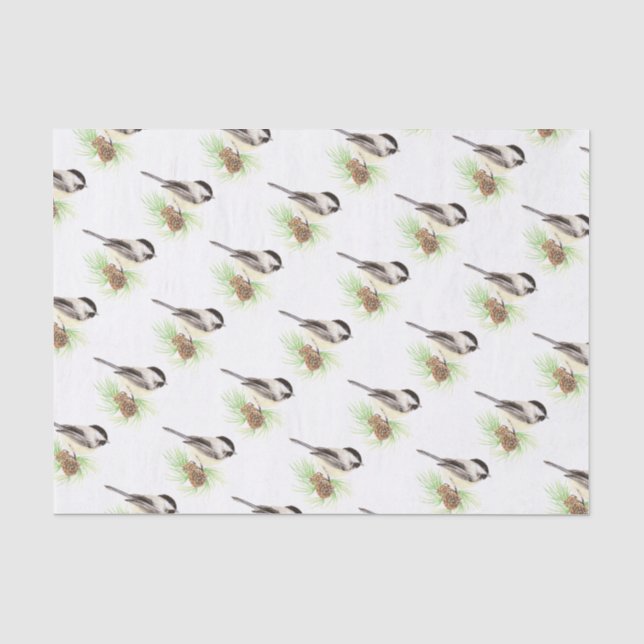 Papier Mousseline Aquarelle mignonne Pickadee Bird Pine Tree (Recto)