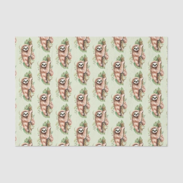 Papier Mousseline Aquarelle mignonne Sloth & Feuilles tropicaux (Recto)