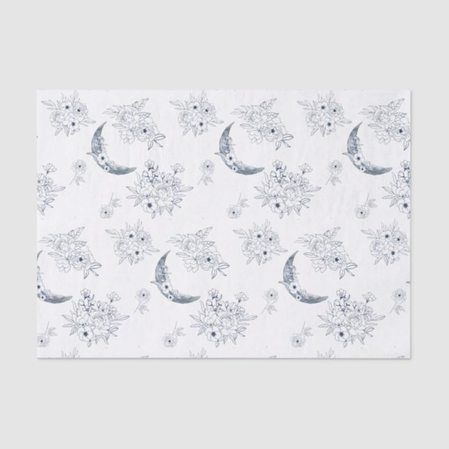 Papier Mousseline Aquarelle Moon & Botanical Art Motif Blue-Grey (Recto)