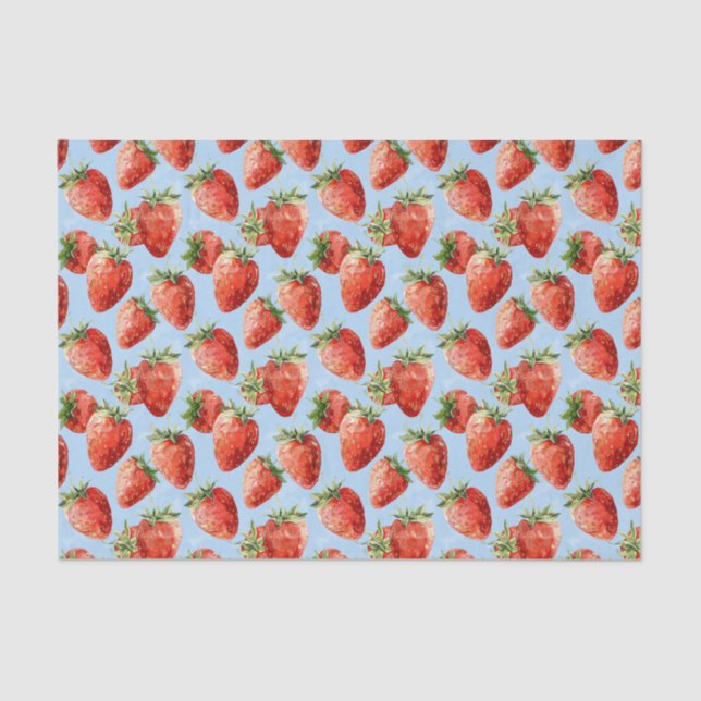 Papier Mousseline Aquarelle Motif de fraises Découpage bleu clair (Recto)