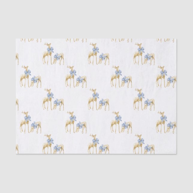 Papier Mousseline Aquarelle Noël Bleu Bow Chinoiserie Reindee (Recto)