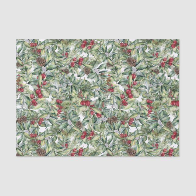 Papier Mousseline Aquarelle Noël Holly et Mistletoe (Recto)