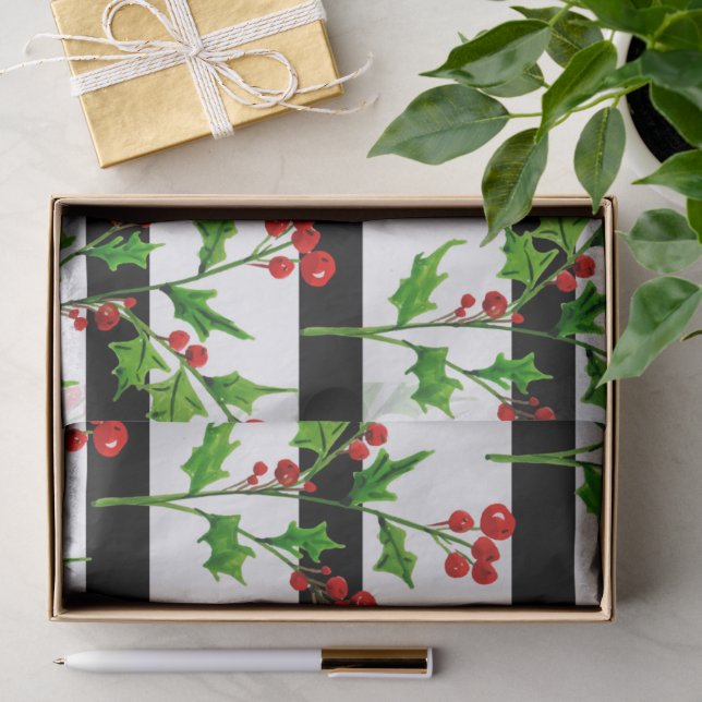 Papier Mousseline Aquarelle Noël Holly Moderne Motif (Cadeau)