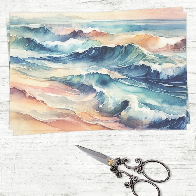 Papier Mousseline Aquarelle Ocean Blue Waves Découpage côtier (Créateur téléchargé)