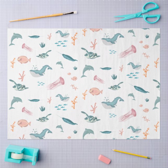 Papier Mousseline Aquarelle Océan Motif d'animaux marins (Artisanat)