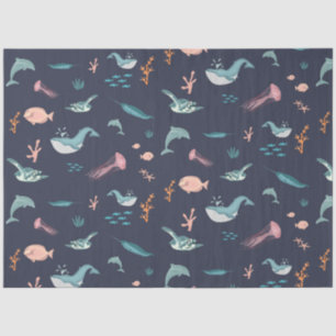 Papier Mousseline Aquarelle Océan Sea Animaux Motif bleu