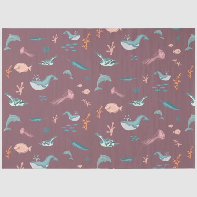 Papier Mousseline Aquarelle Océan Sea Animaux Motif rose pâle (Recto)