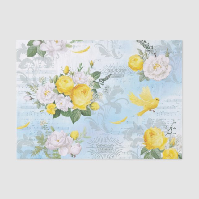 Papier Mousseline Aquarelle Oiseau jaune et motif floral Collage (Recto)