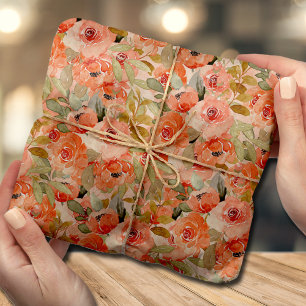 Papier Mousseline Aquarelle Orange Floral Collage Papier Tissu
