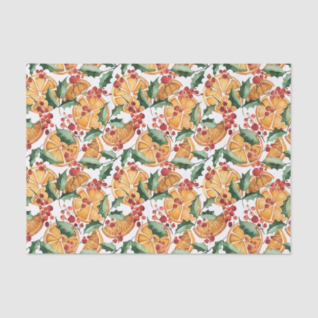 Papier Mousseline Aquarelle Oranges séchées et baies Noël (Recto)