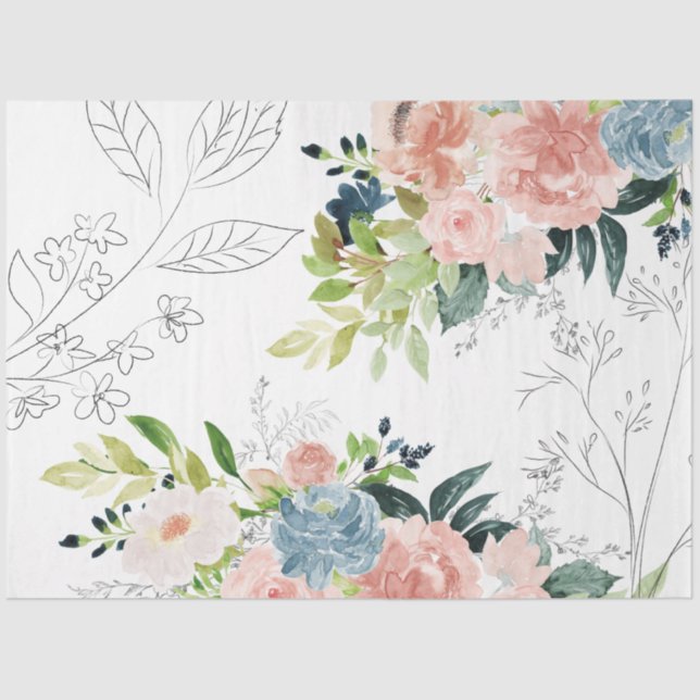 Papier Mousseline Aquarelle pastel floral peint peonies feuillage (Recto)