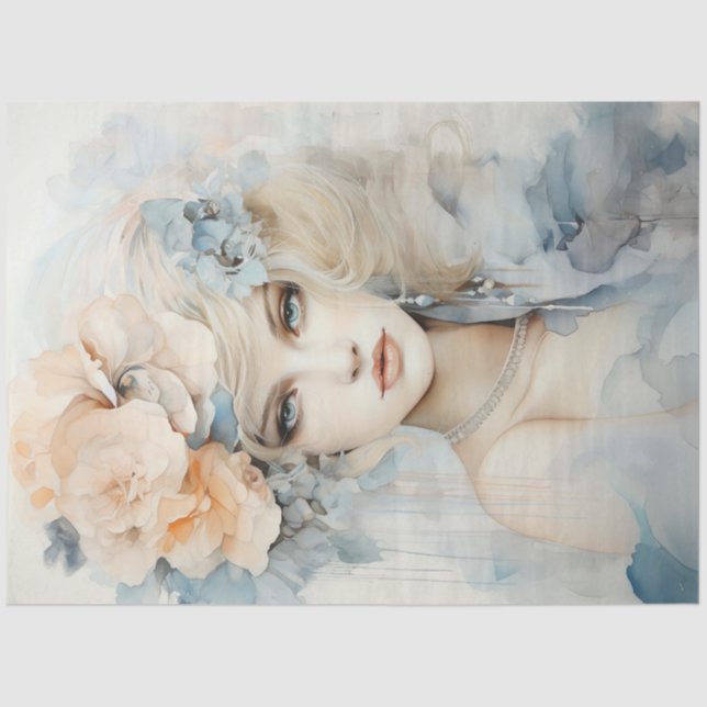 Papier Mousseline Aquarelle pastel vert pêche retro portrait femme (Recto)