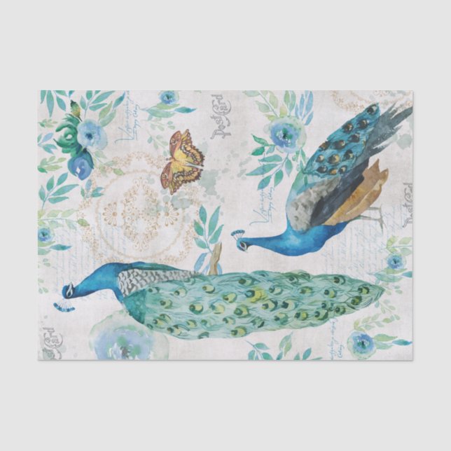 Papier Mousseline Aquarelle Peacock, papillons et fleurs bleues (Recto)