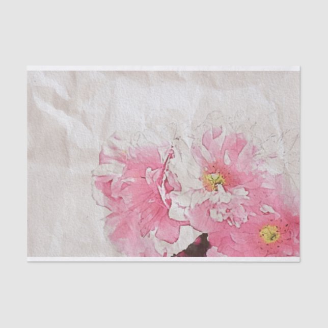 Papier Mousseline Aquarelle Peony Rose Fleurit Sur Papier Ancien (Recto)