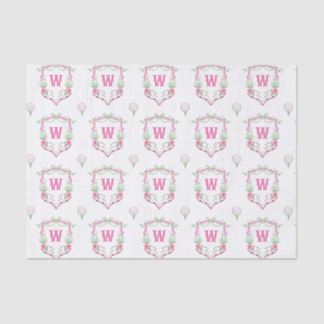 Papier Mousseline Aquarelle Pink & Green Golf Panier Monogram Crest (Recto)