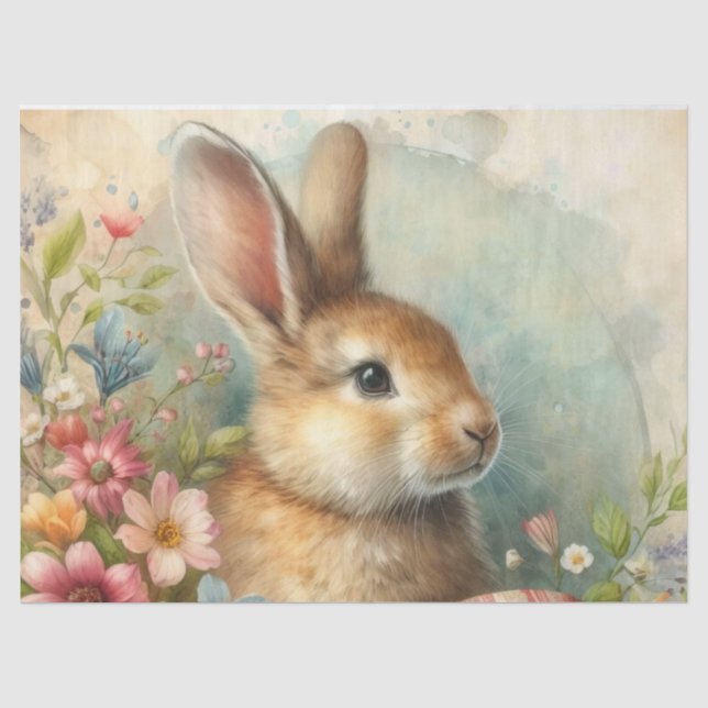 Papier Mousseline Aquarelle Portrait de lapin et fleurs (Recto)