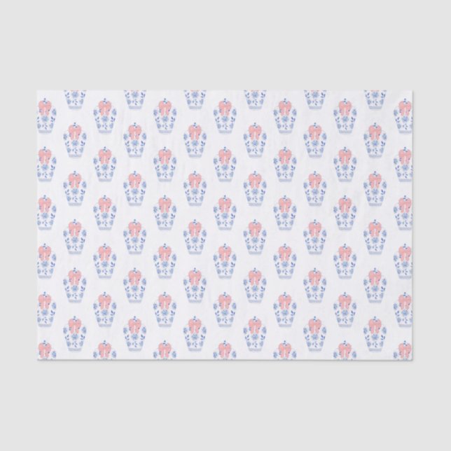 Papier Mousseline Aquarelle Preppy bleu blanc Chine Vase rose Bow (Recto)