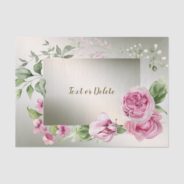 Papier Mousseline Aquarelle rose cadre floral brillant Bronze élégan (Recto)