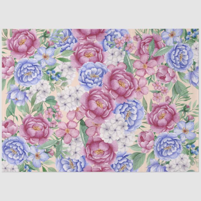 Papier Mousseline Aquarelle rose et bleu Jardin Fleurs Découpage (Recto)