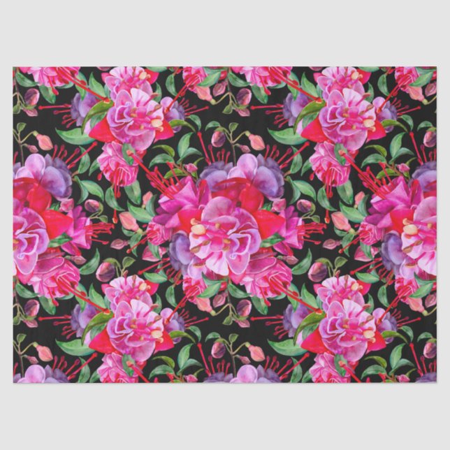 Papier Mousseline Aquarelle rose et noire Fuchsia Blooms (Recto)