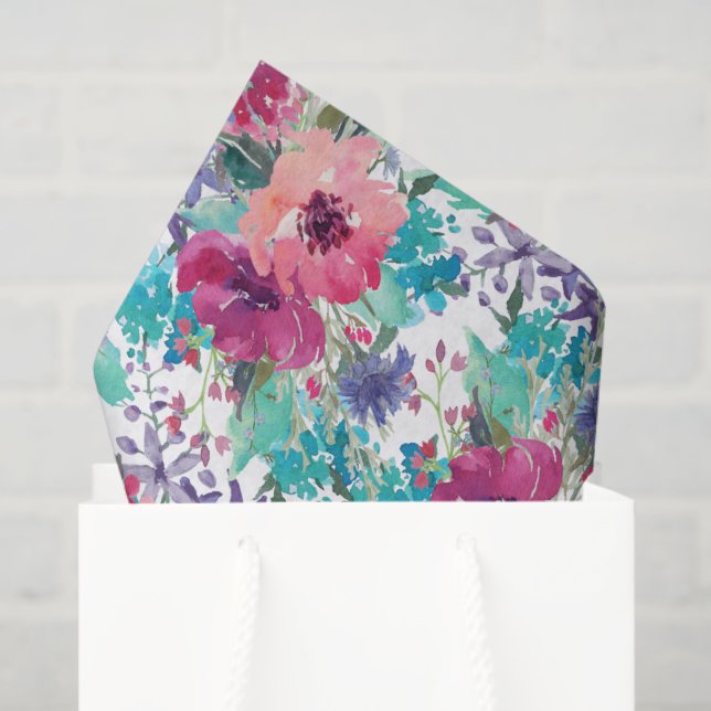 Papier Mousseline Aquarelle rose et pourpre Motif floral (Sac cadeau)