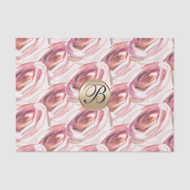 Papier Mousseline Aquarelle rose Roses Monogramme Elégant Personnali (Recto)