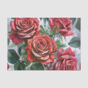 Papier Mousseline Aquarelle Roses rouges avec Feuilles verts