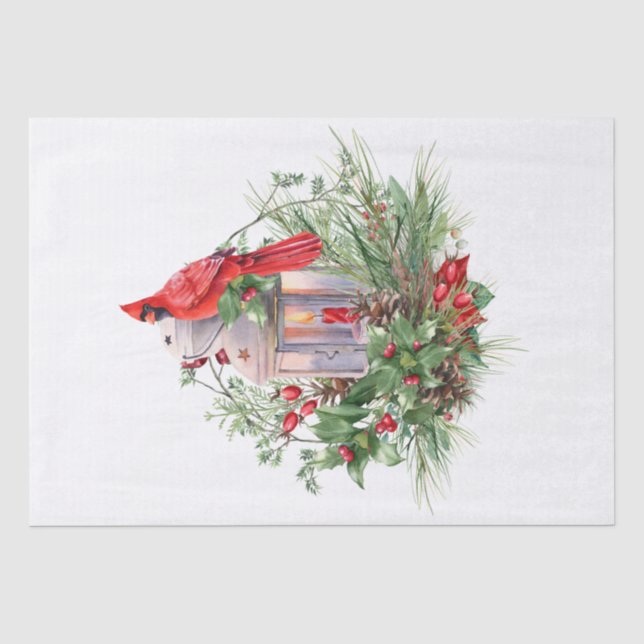 Papier Mousseline Aquarelle rouge cardinale Oiseau Noël d'hiver (Recto)